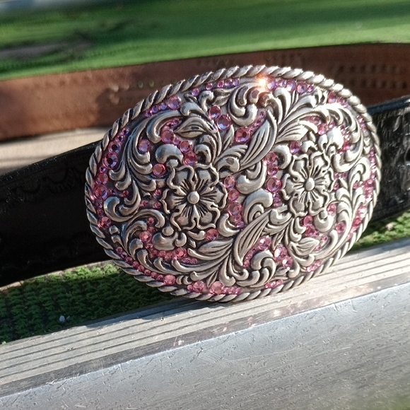Nocona Belt Co Accessories - Silver and Pink Floral Belt Buckle
